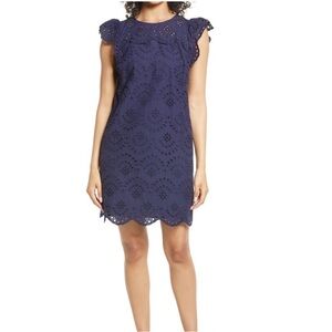 Sam Edelman Ruffle Sleeve Eyelet Shift Dress Pockets Fully Lined Navy Blue Sz. S